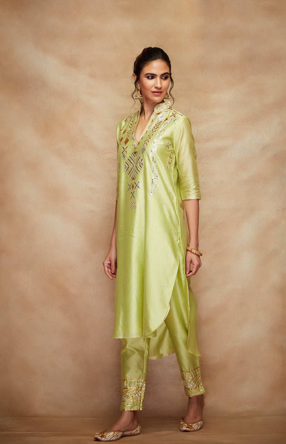 Pista Green Chanderi Silk Gota A Line Kurta