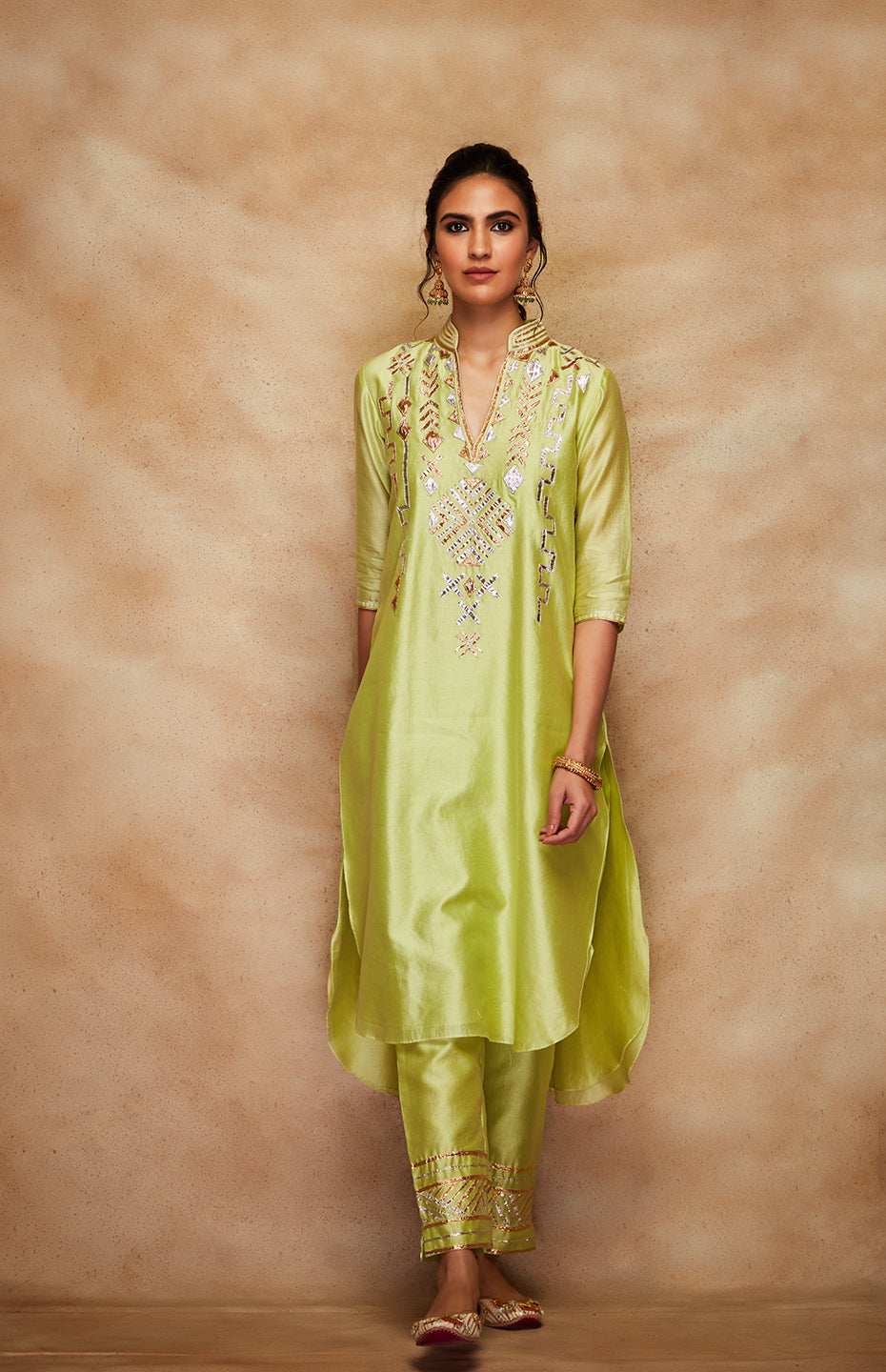 Pista Green Chanderi Silk Gota A Line Kurta