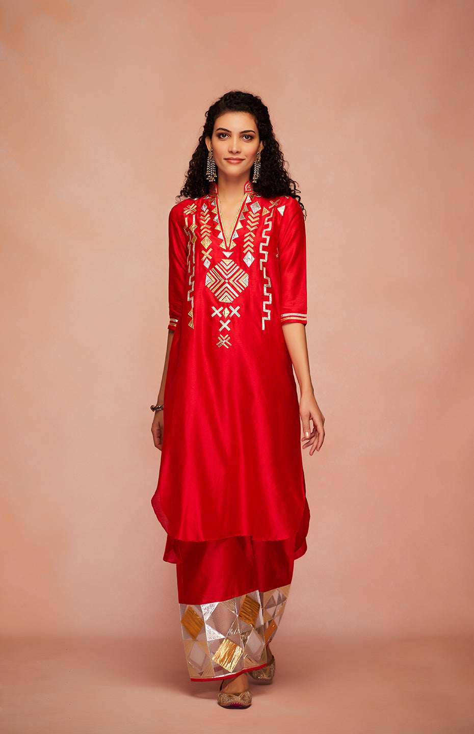 Red Chanderi Silk Gota A Line Kurta