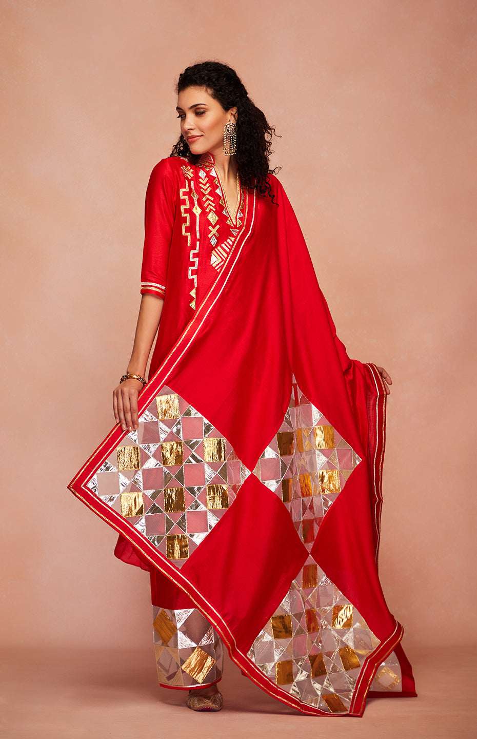 Red Chanderi Silk Gota A Line Kurta