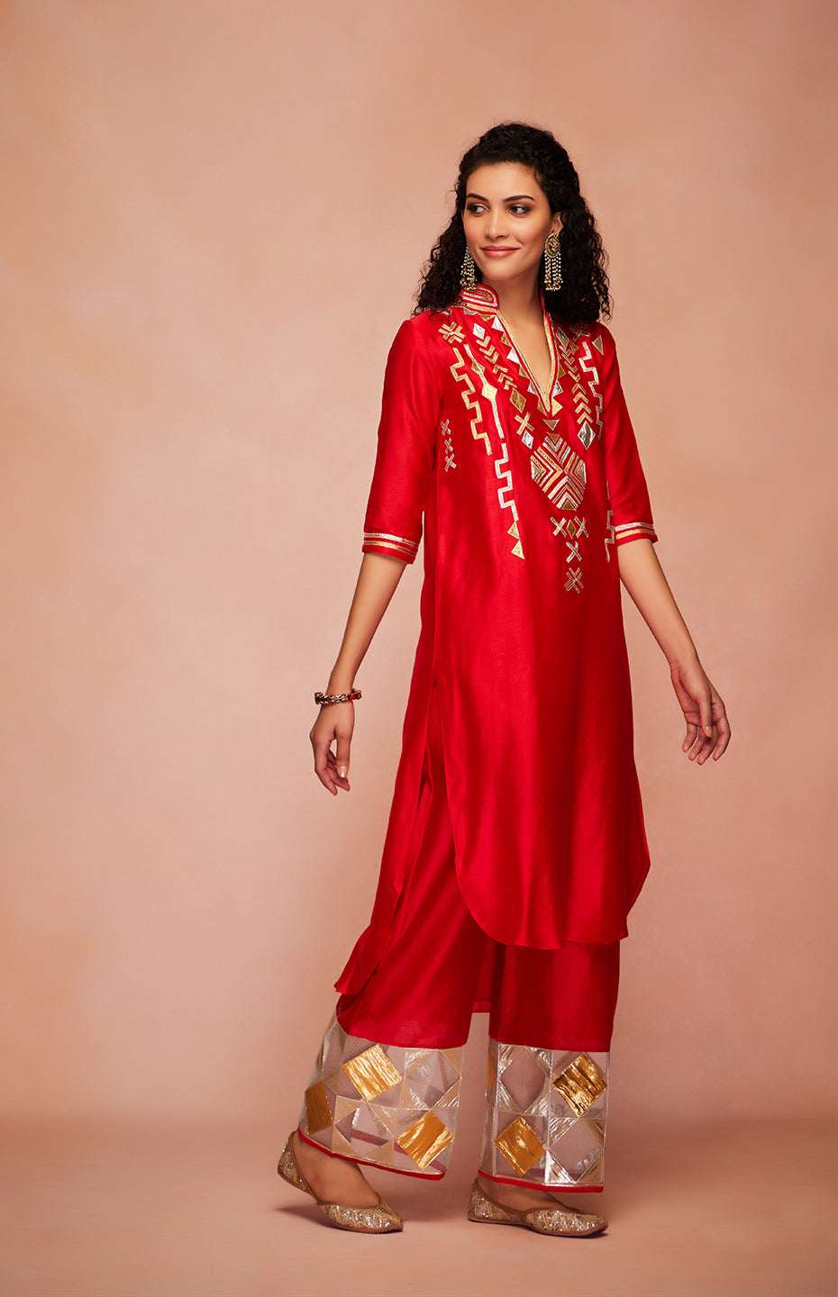Red Chanderi Silk Gota A Line Kurta