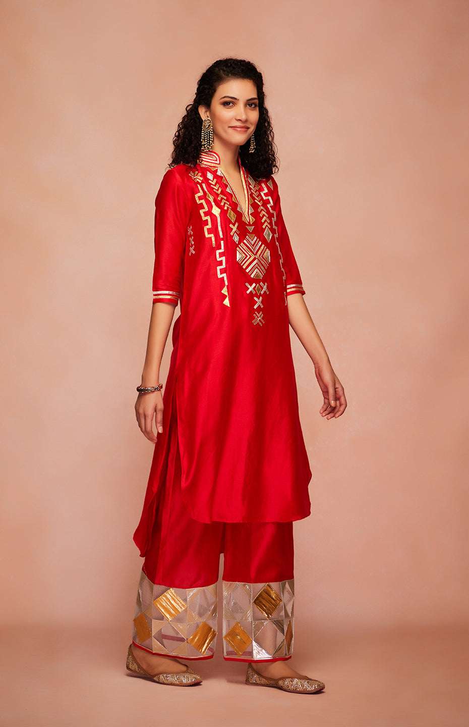 Red Chanderi Silk Gota A Line Kurta