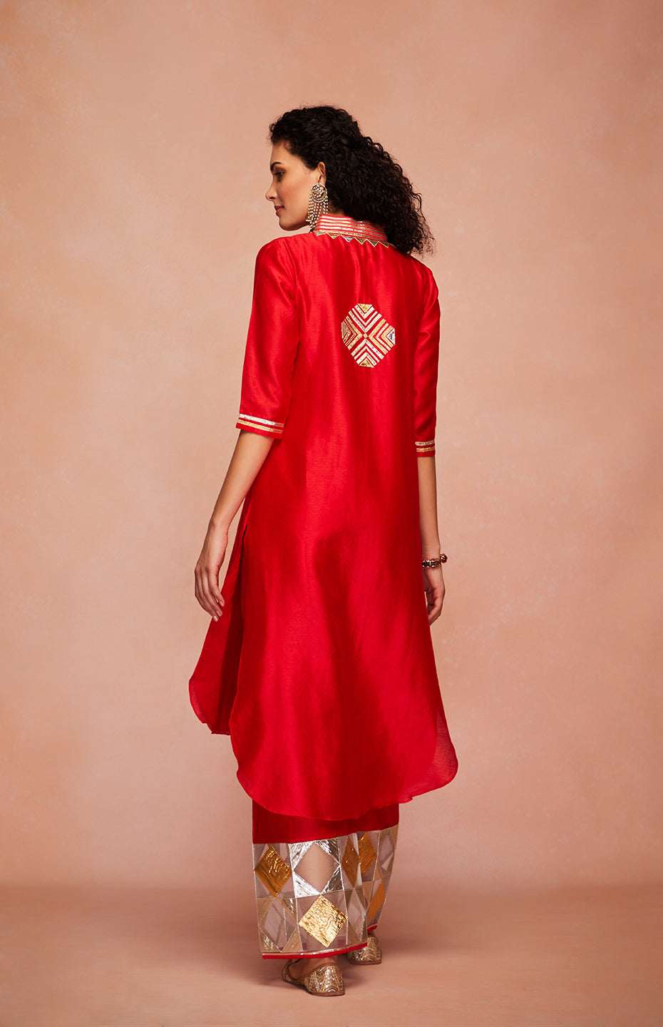 Red Chanderi Silk Gota A Line Kurta