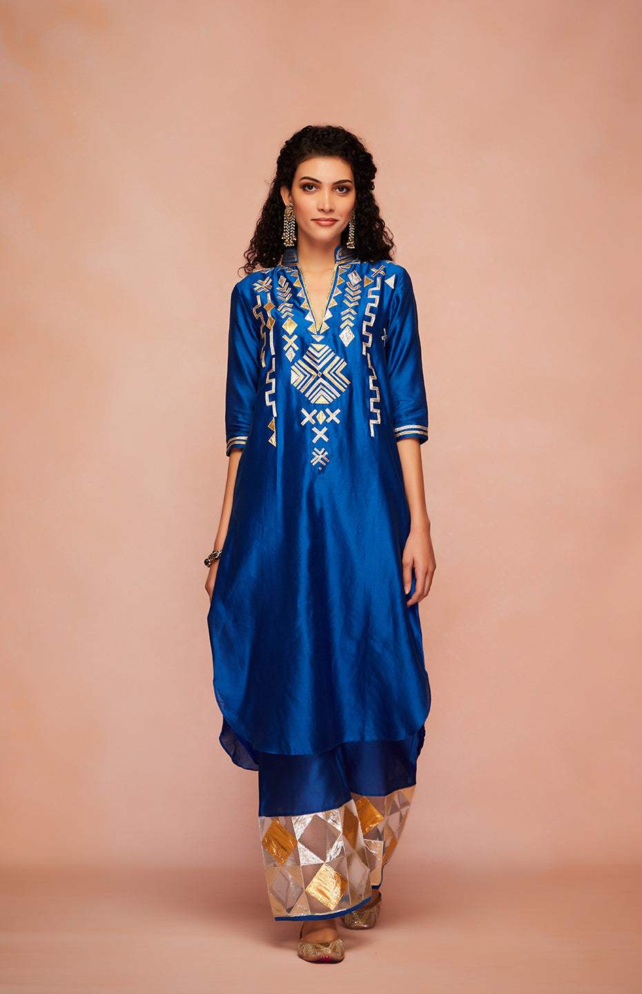 Royal Blue Chanderi Silk Gota A Line Kurta