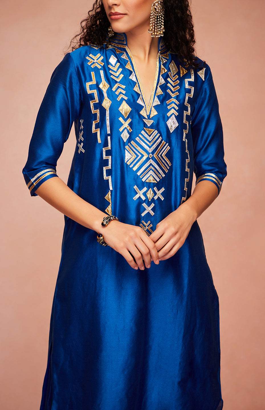 Royal Blue Chanderi Silk Gota A Line Kurta