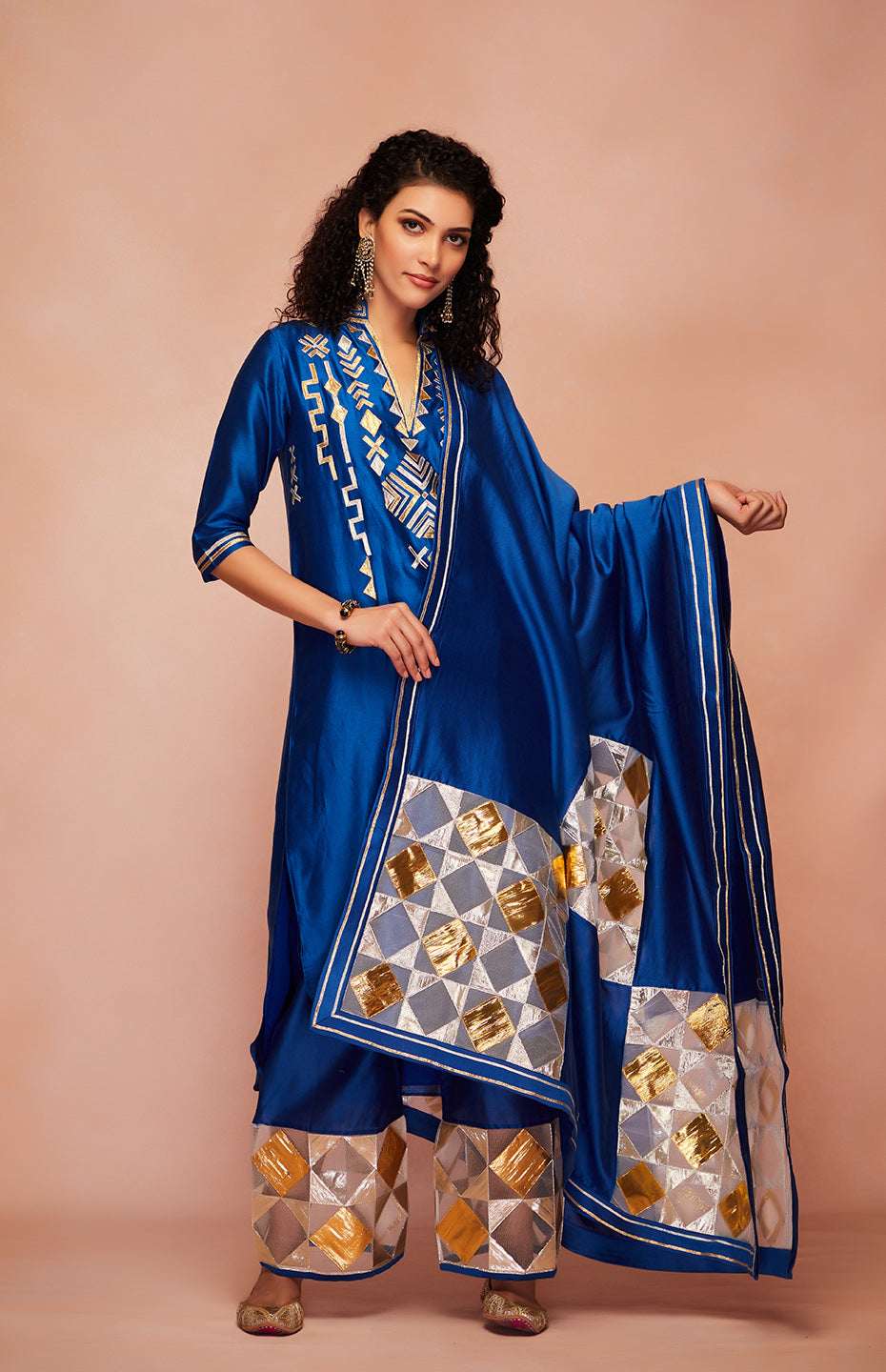 Royal Blue Chanderi Silk Gota A Line Kurta