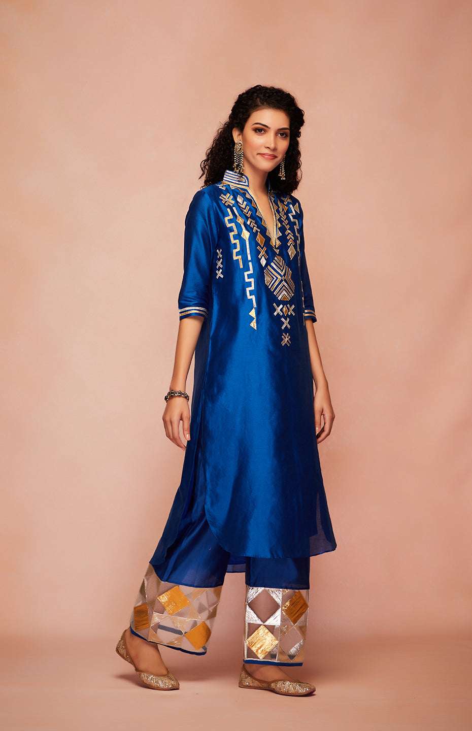 Royal Blue Chanderi Silk Gota A Line Kurta