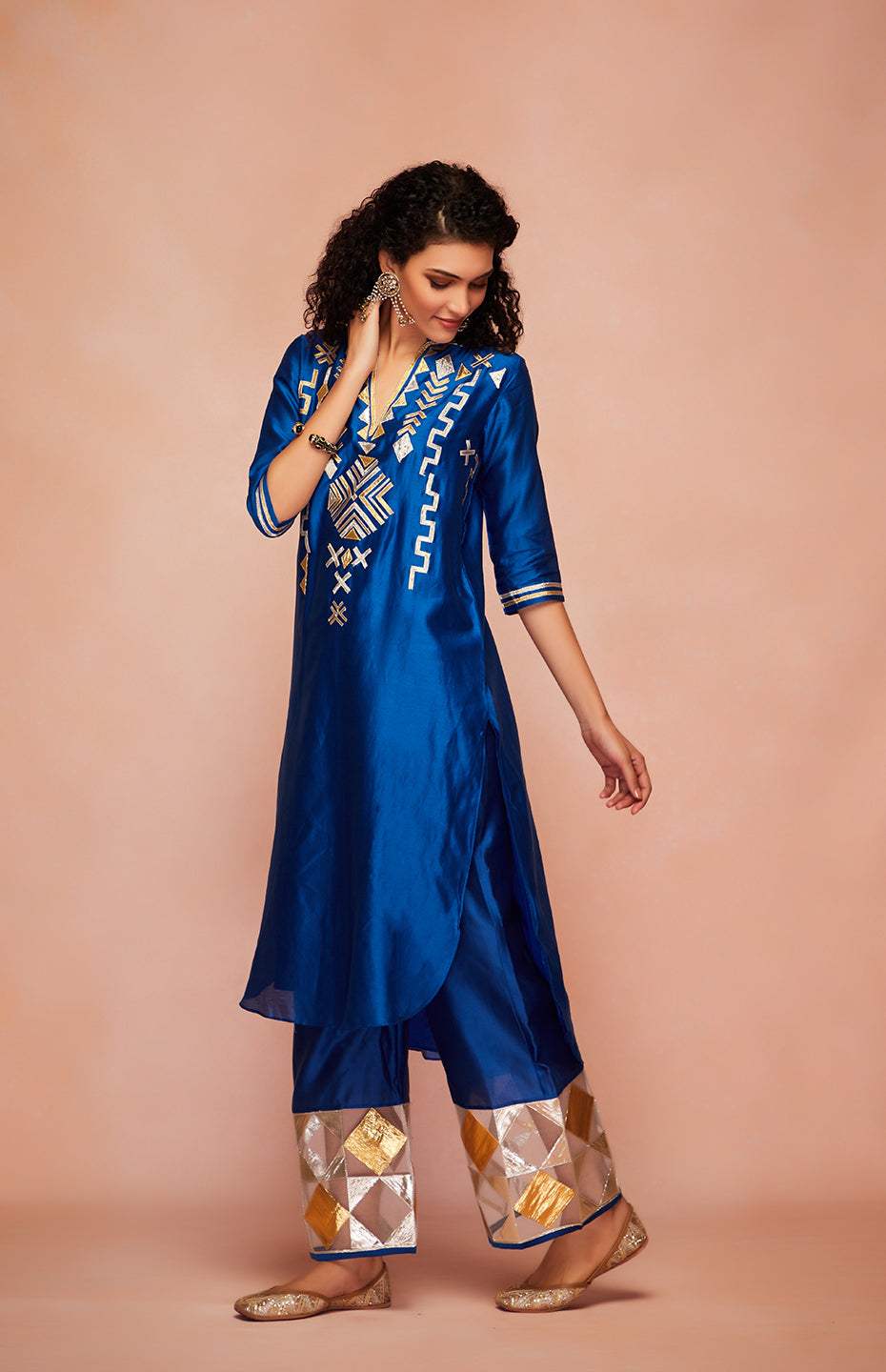 Royal Blue Chanderi Silk Gota A Line Kurta