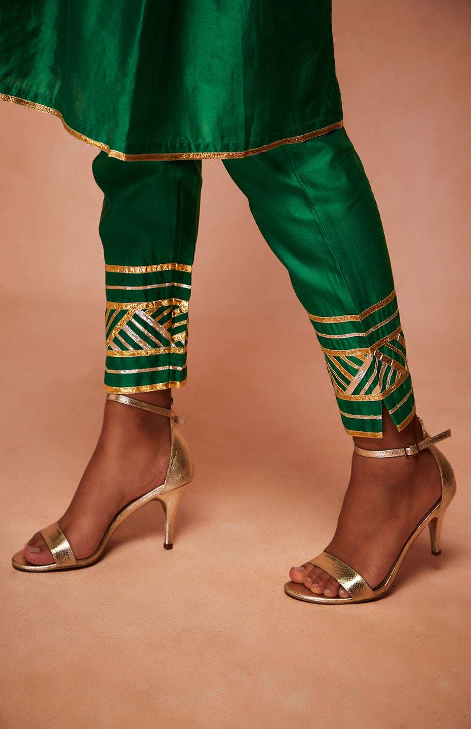 Green Chanderi Silk Gota Pencil Pants
