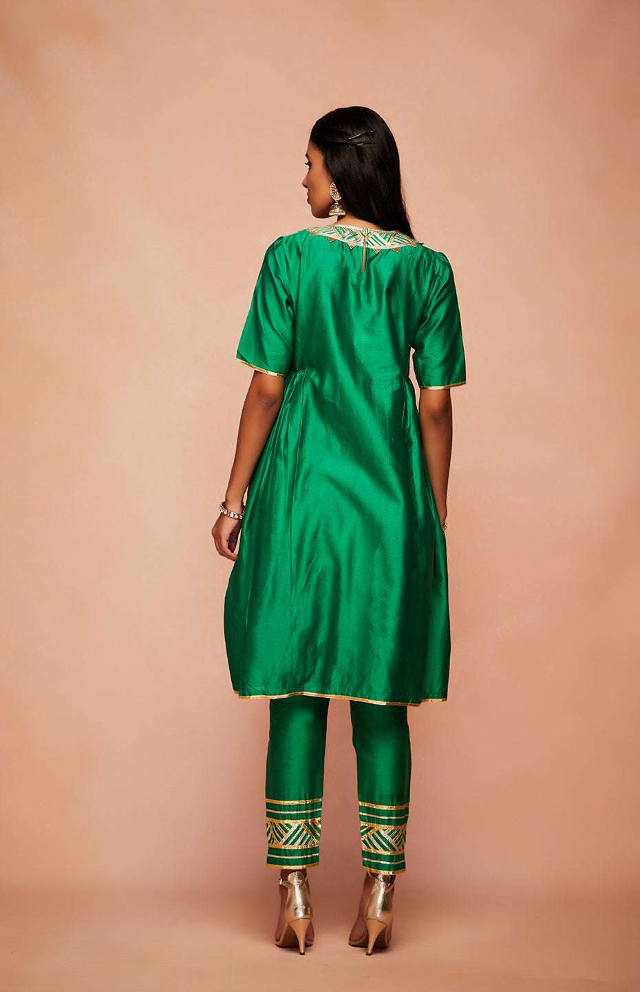 Green Chanderi Silk Gota Pencil Pants