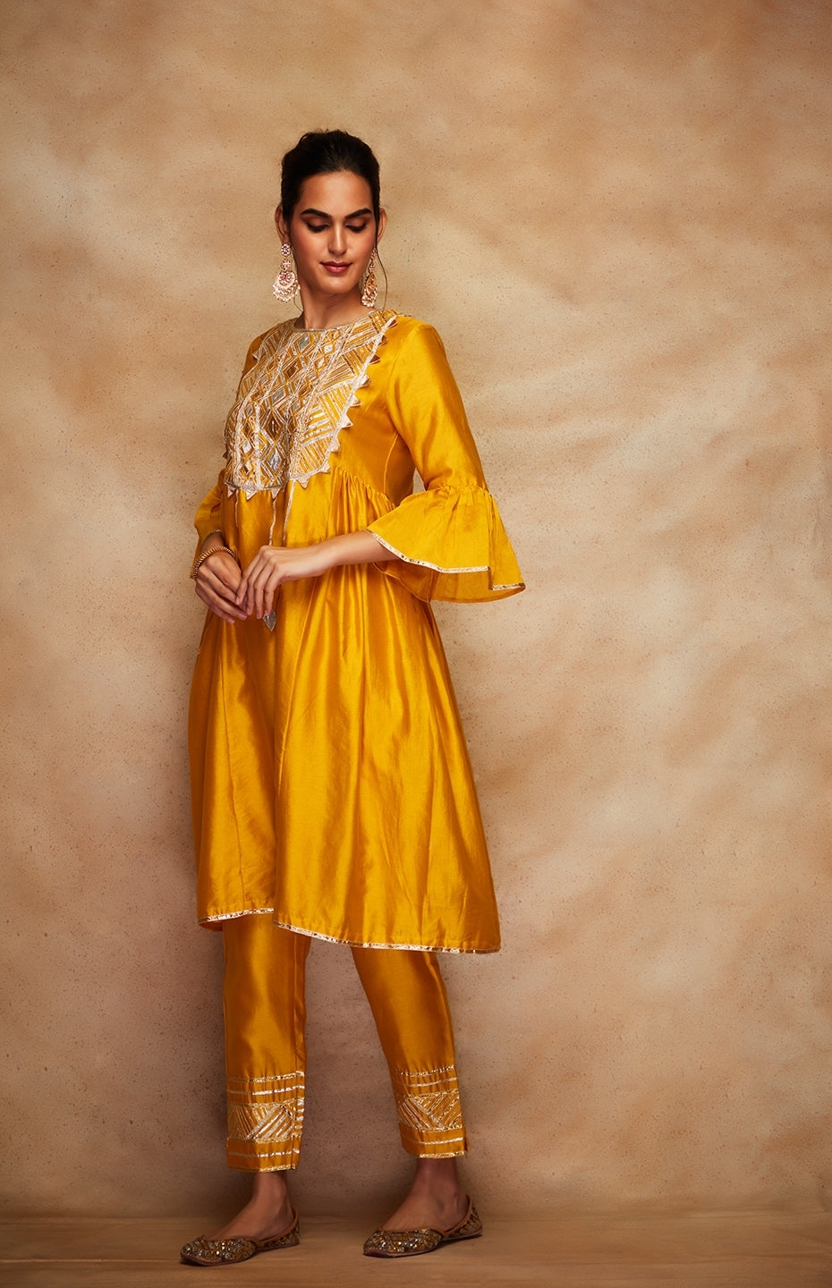 Mustard Chanderi Silk Gota Pencil Pants