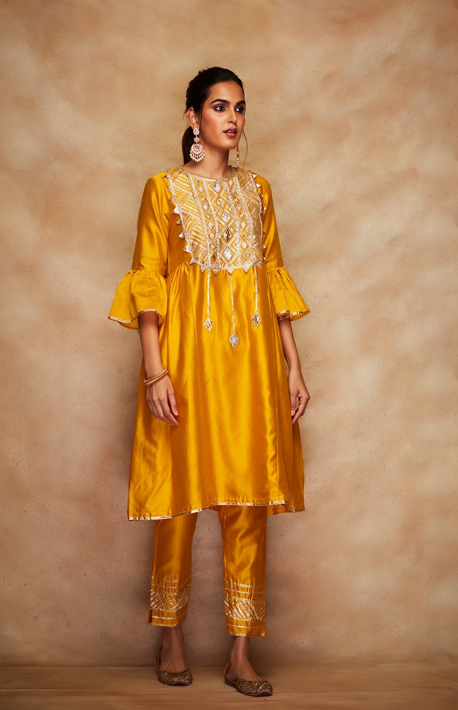 Mustard Chanderi Silk Gota Pencil Pants