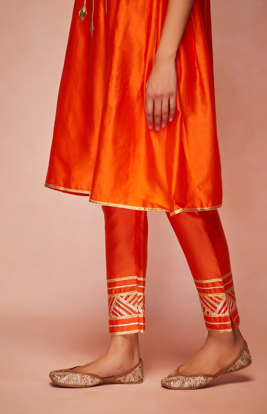 Orange Chanderi Silk Gota Pencil Pants