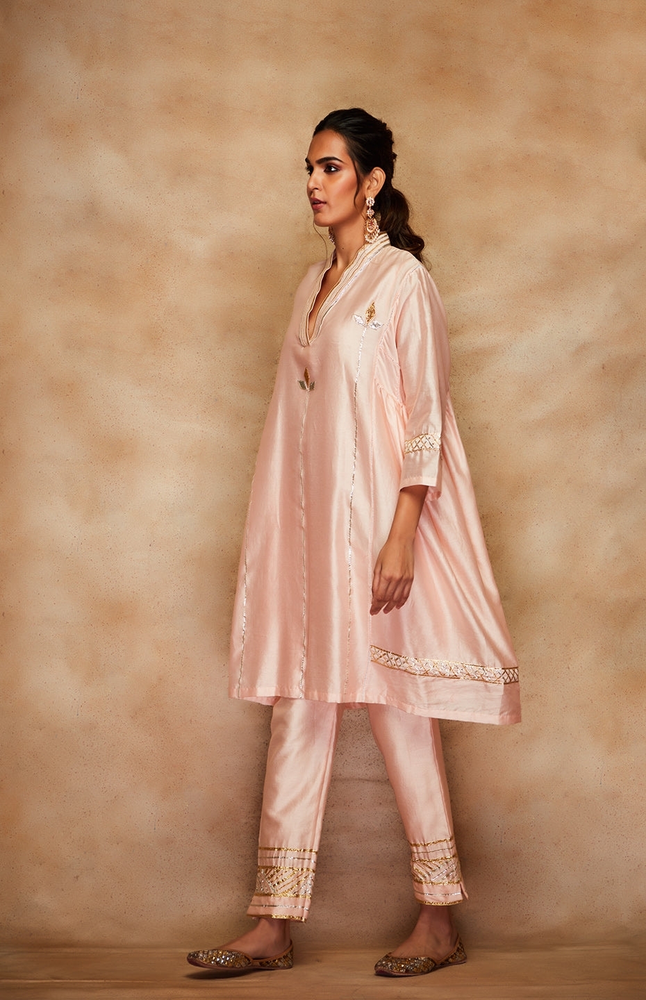 Peach Chanderi Silk Gota Pencil Pants