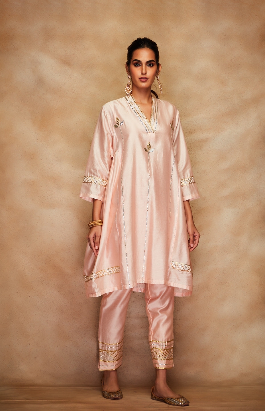 Peach Chanderi Silk Gota Pencil Pants