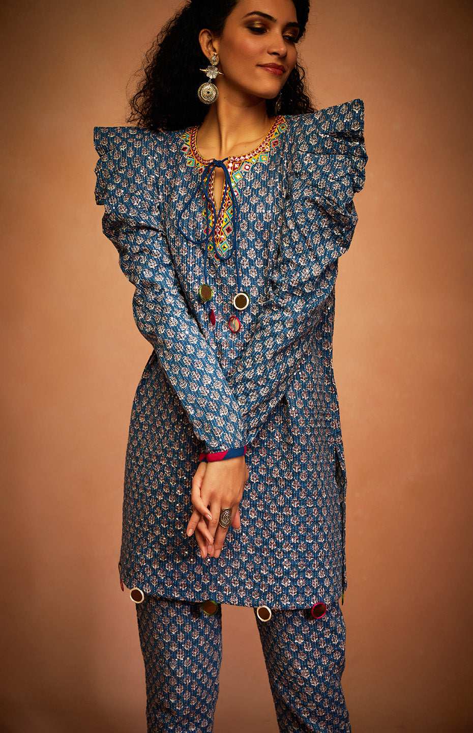 Blue Tribal Sequins Pencil Pants