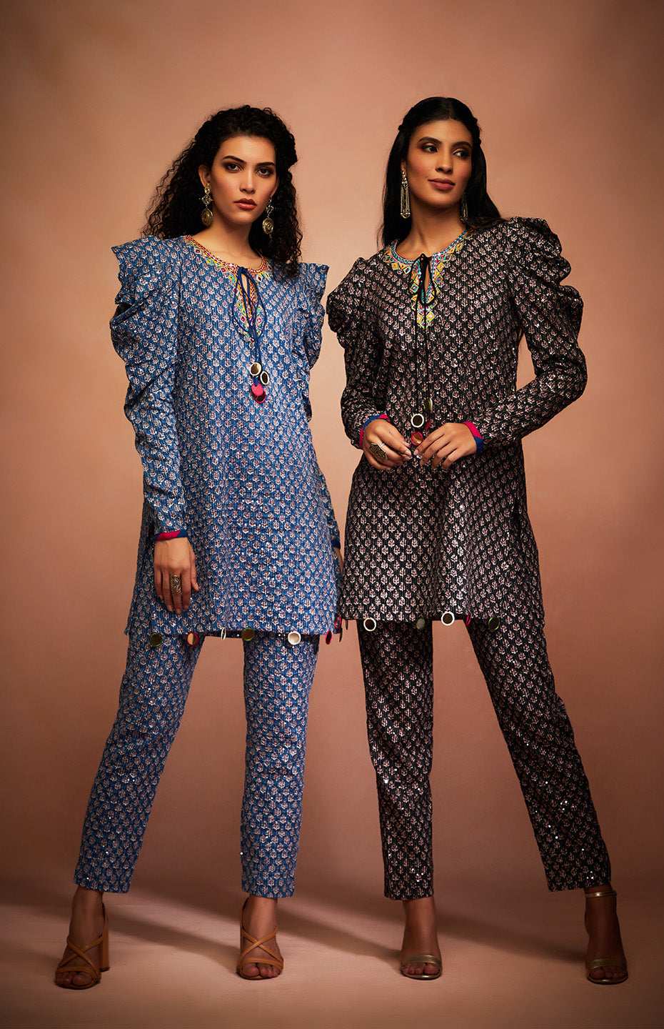 Blue Tribal Sequins Pencil Pants