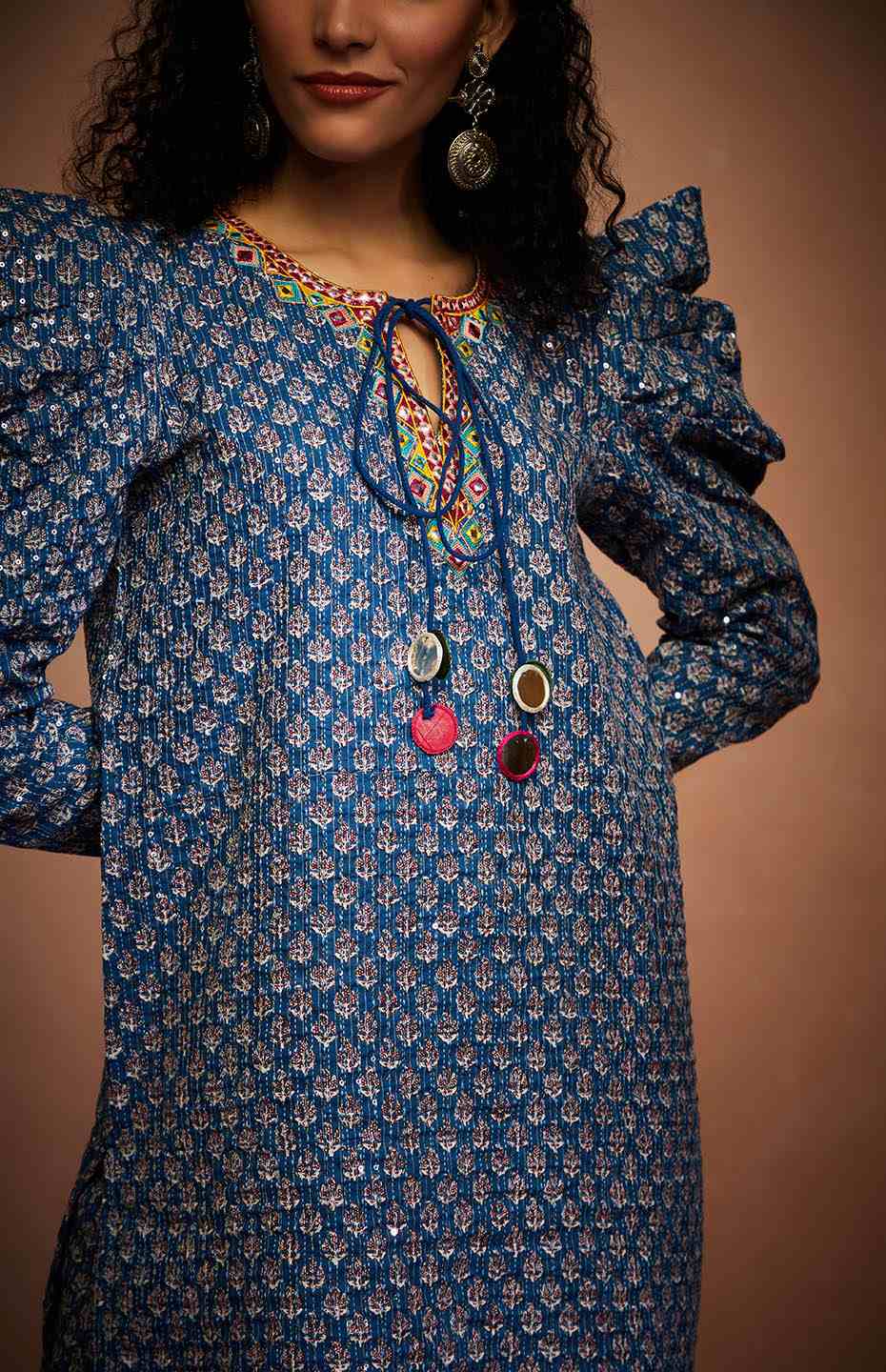 Blue Tribal Sequins Pencil Pants