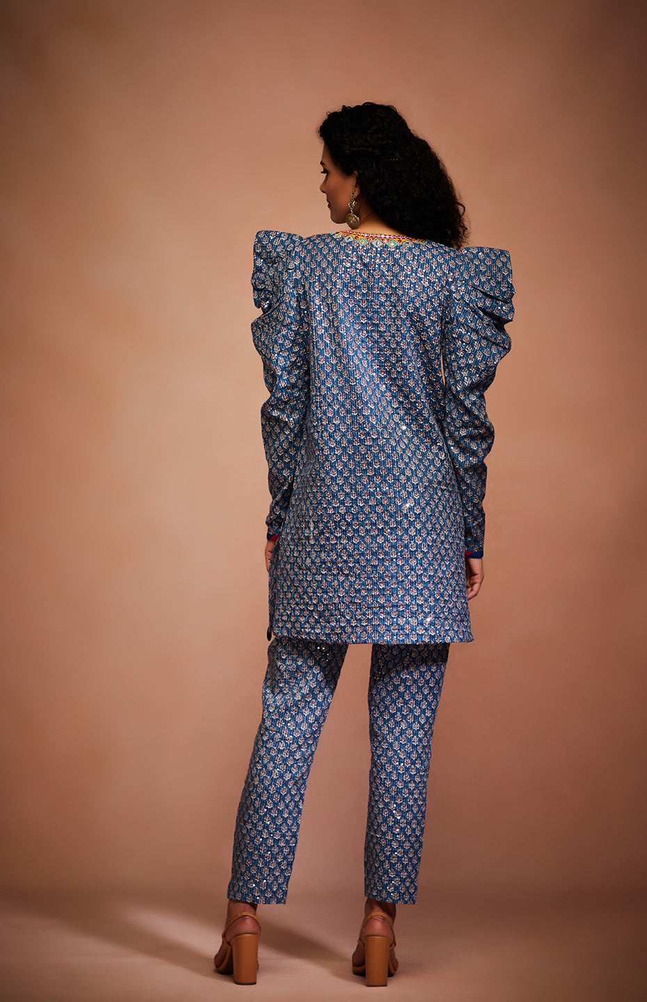 Blue Tribal Sequins Pencil Pants