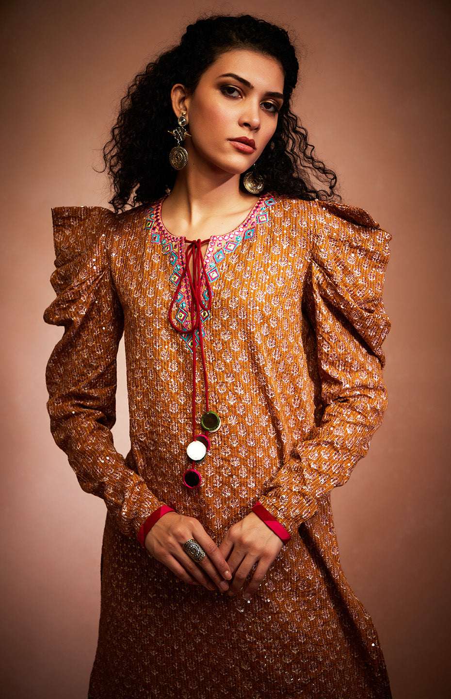 Mustard Tribal Sequins Pencil Pants