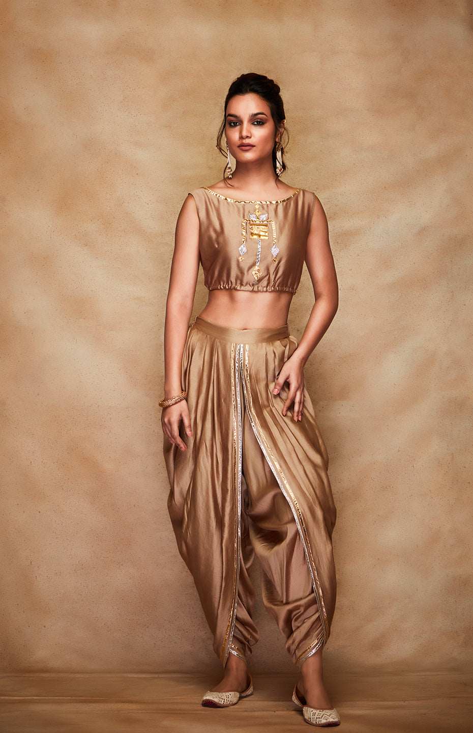 Antique Gold Chanderi Silk Gota Crop Top