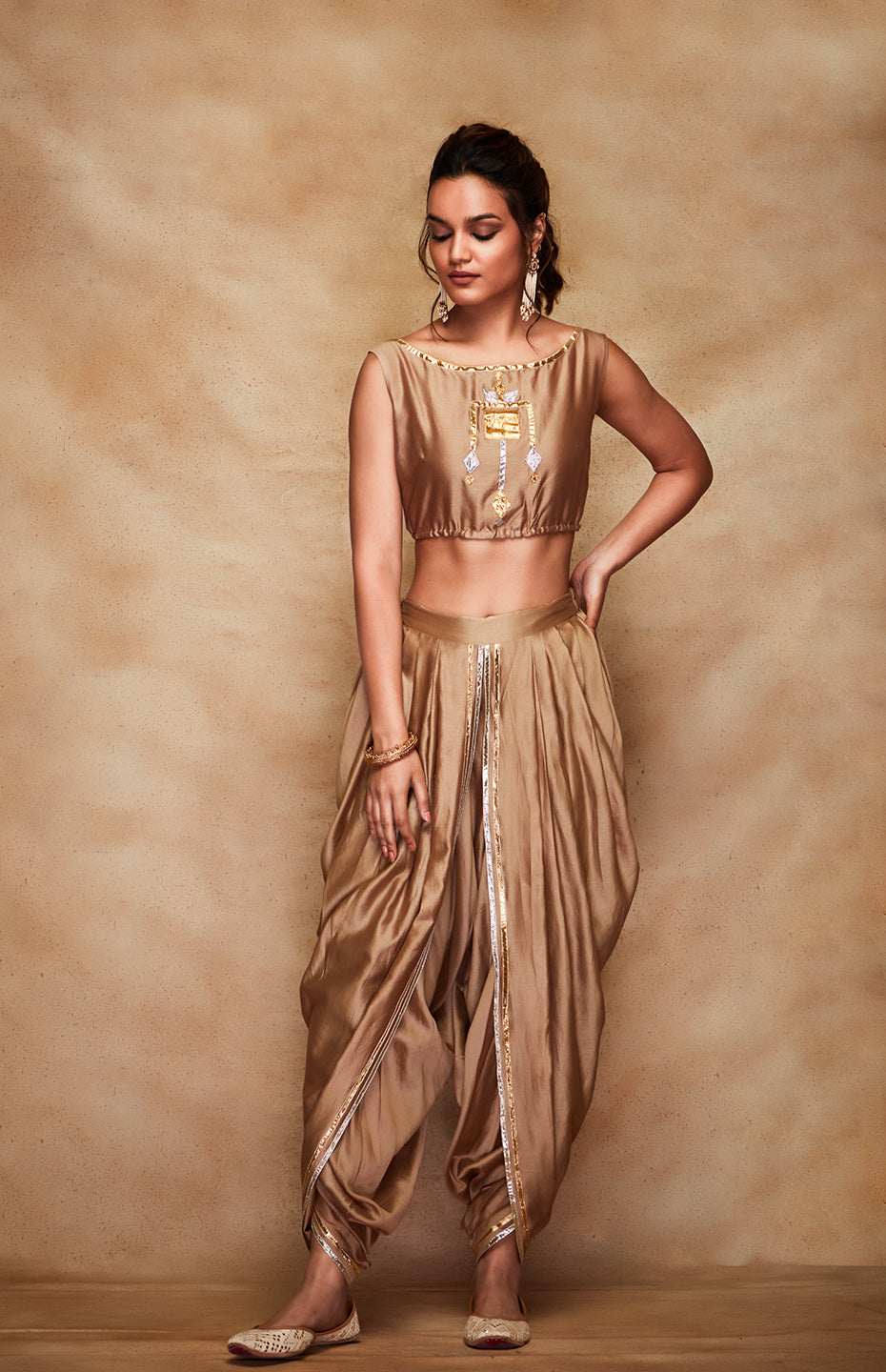Antique Gold Chanderi Silk Gota Crop Top