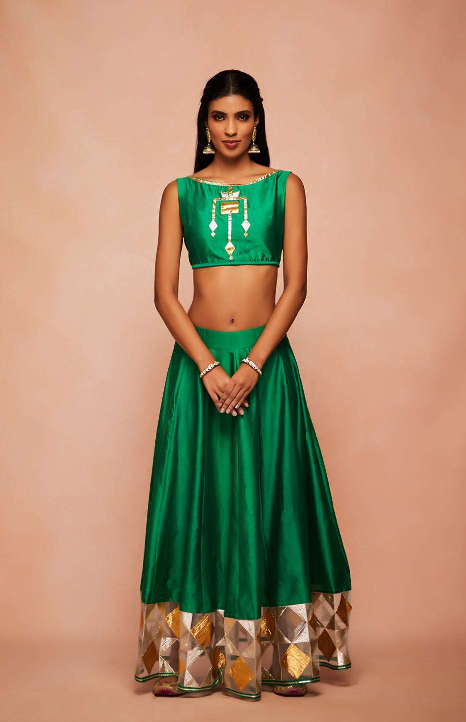 Green Chanderi Silk Gota Crop Top