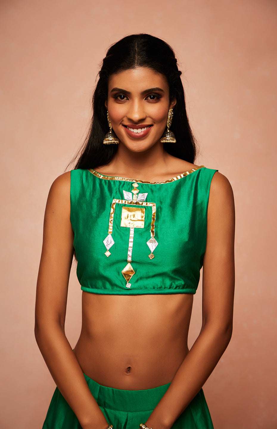 Green Chanderi Silk Gota Crop Top
