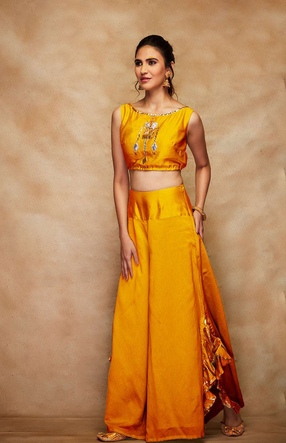 Mustard Chanderi Silk Gota Crop Top