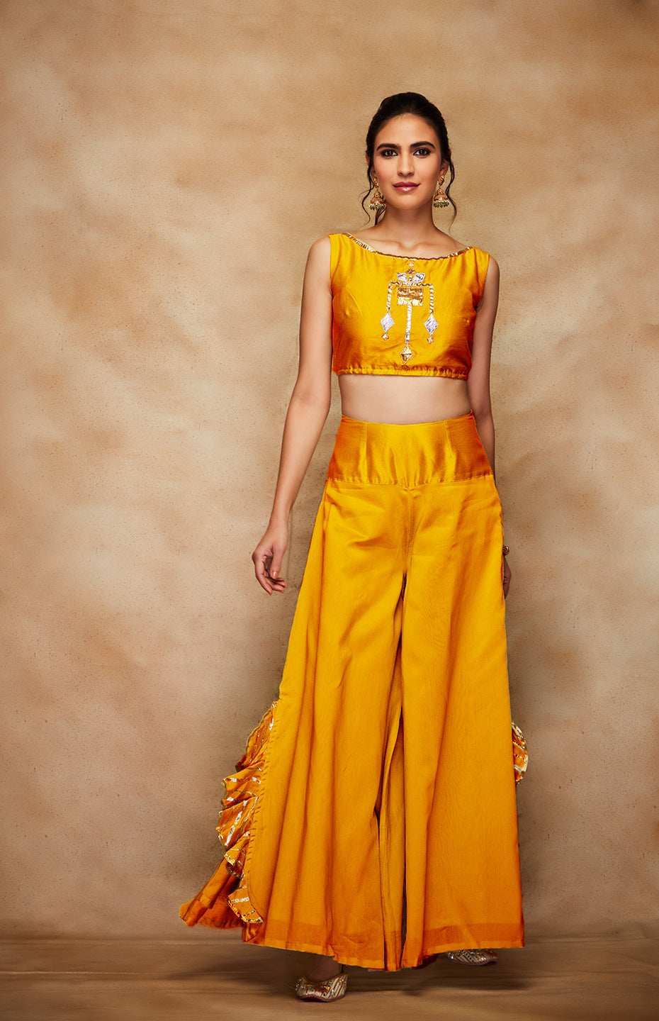 Mustard Chanderi Silk Gota Crop Top