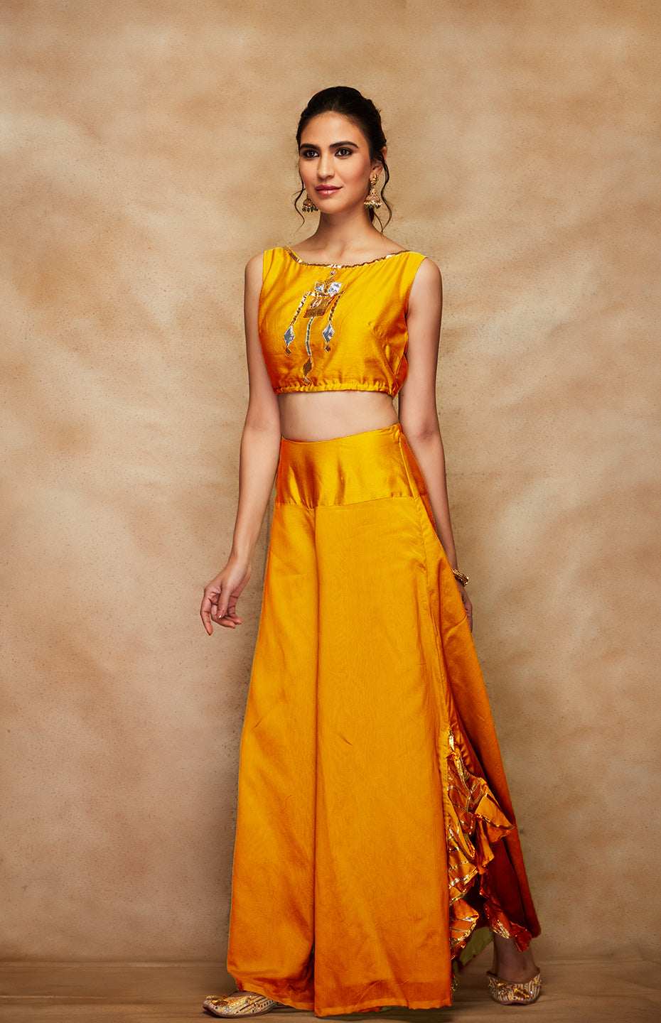 Mustard Chanderi Silk Gota Crop Top