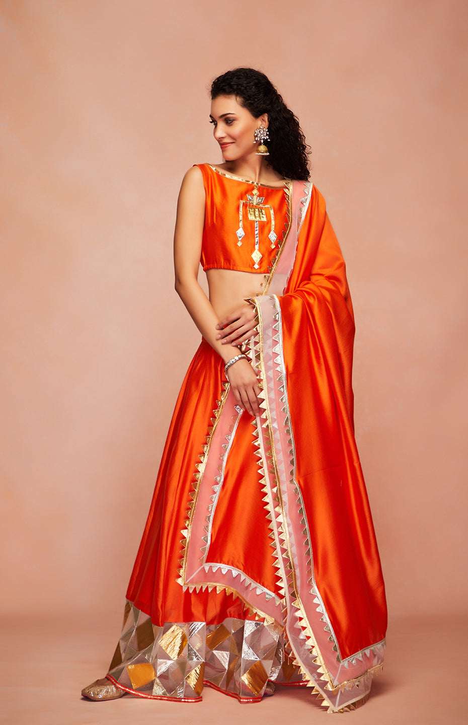 Orange Chanderi Silk Gota Crop Top