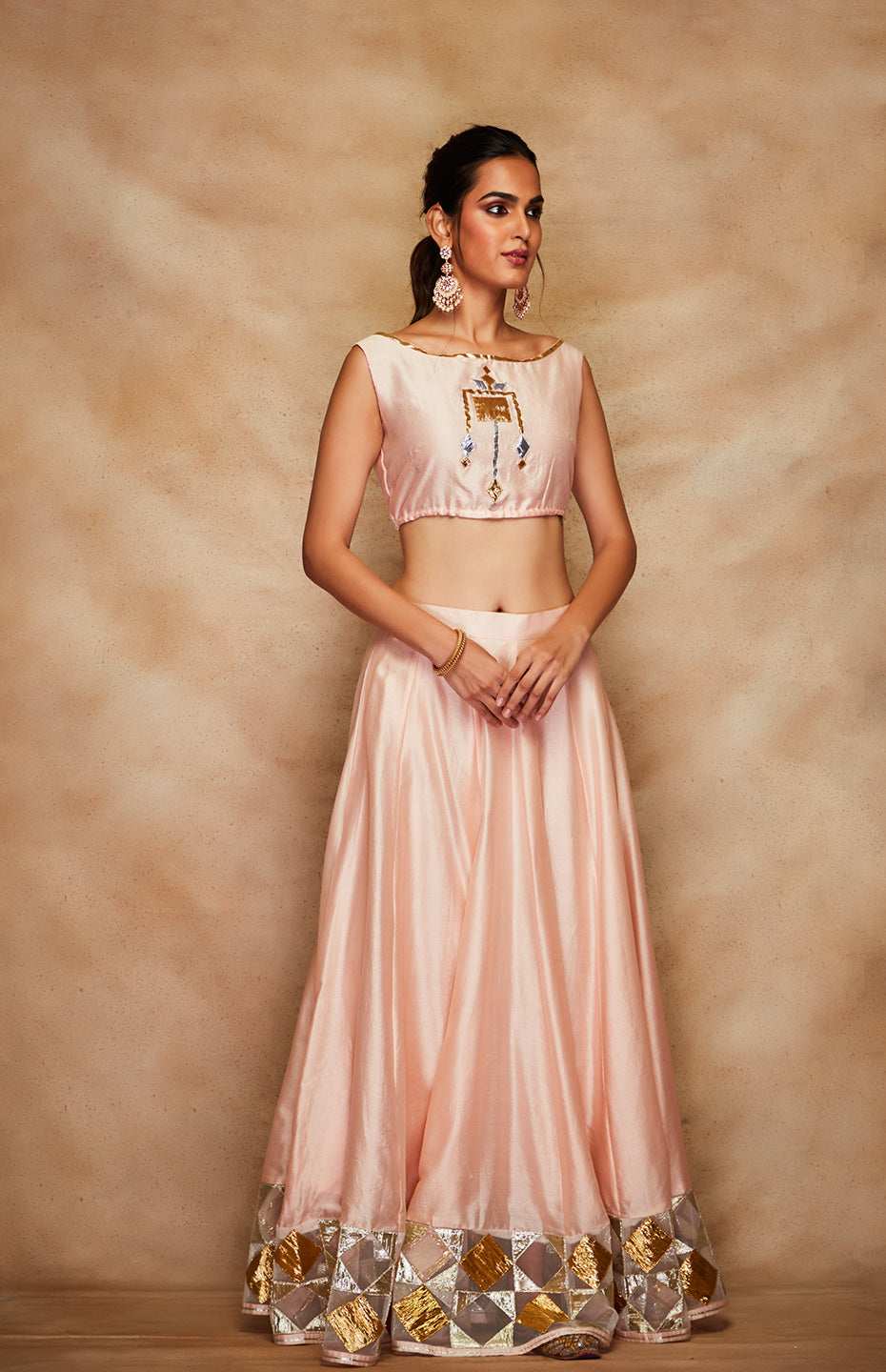 Peach Chanderi Silk Gota Crop Top