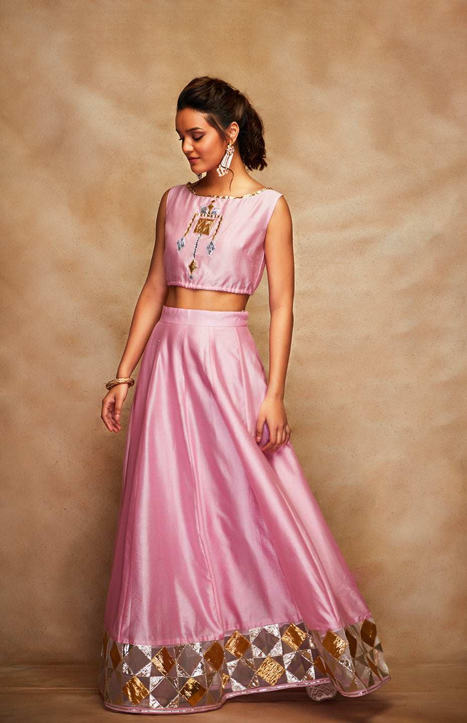 Pink Chanderi Silk Gota Crop Top