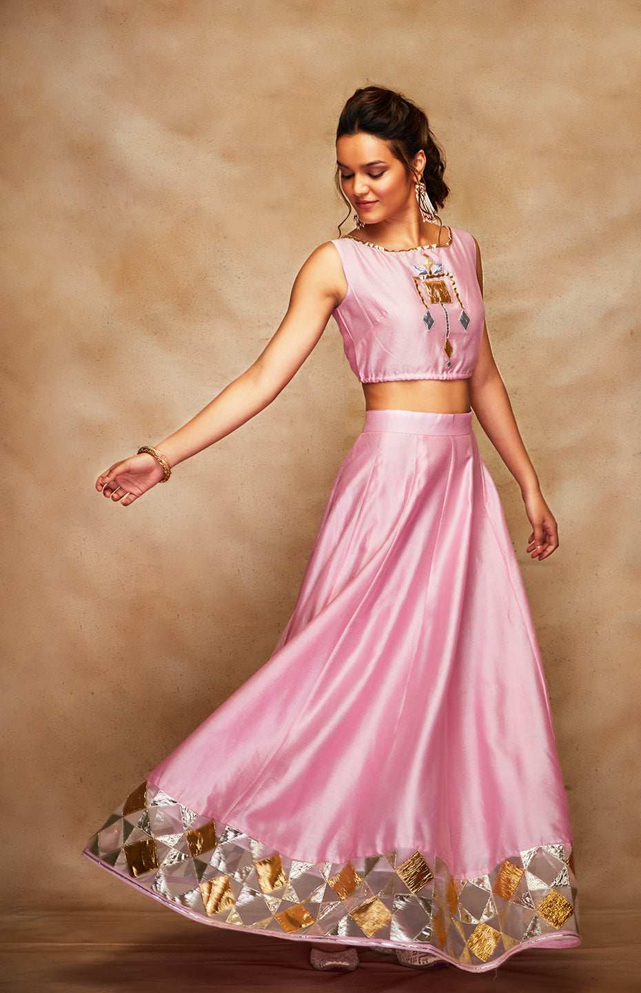 Pink Chanderi Silk Gota Crop Top