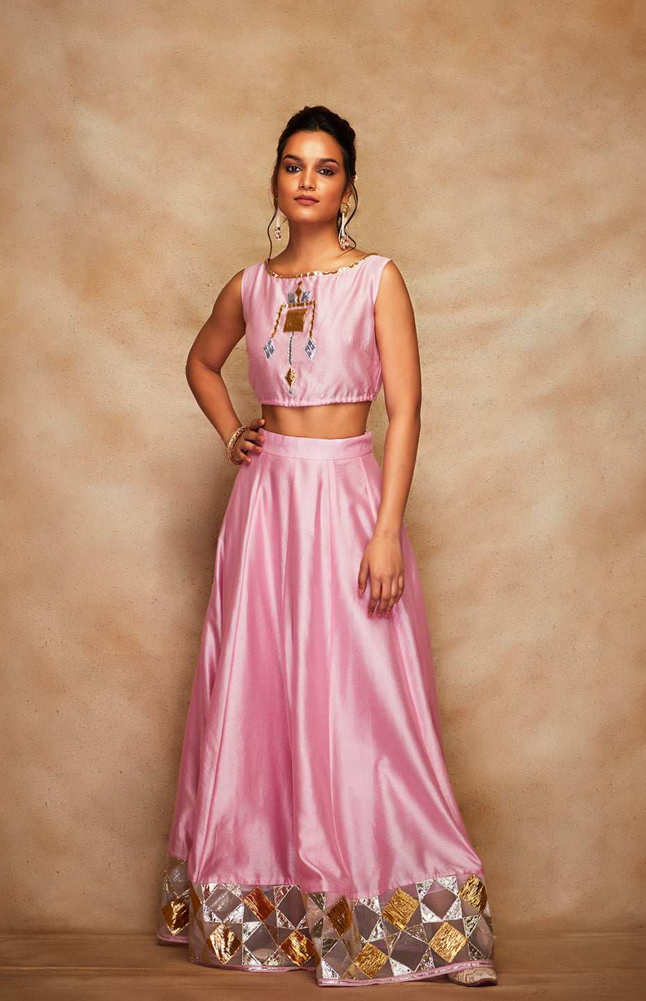 Pink Chanderi Silk Gota Crop Top