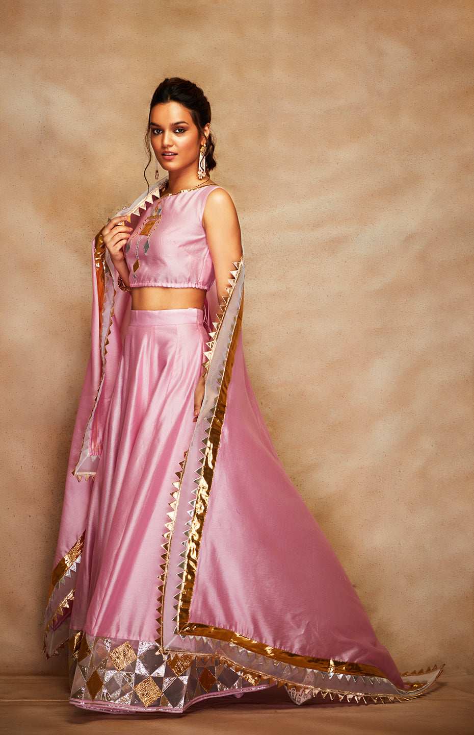 Pink Chanderi Silk Gota Crop Top