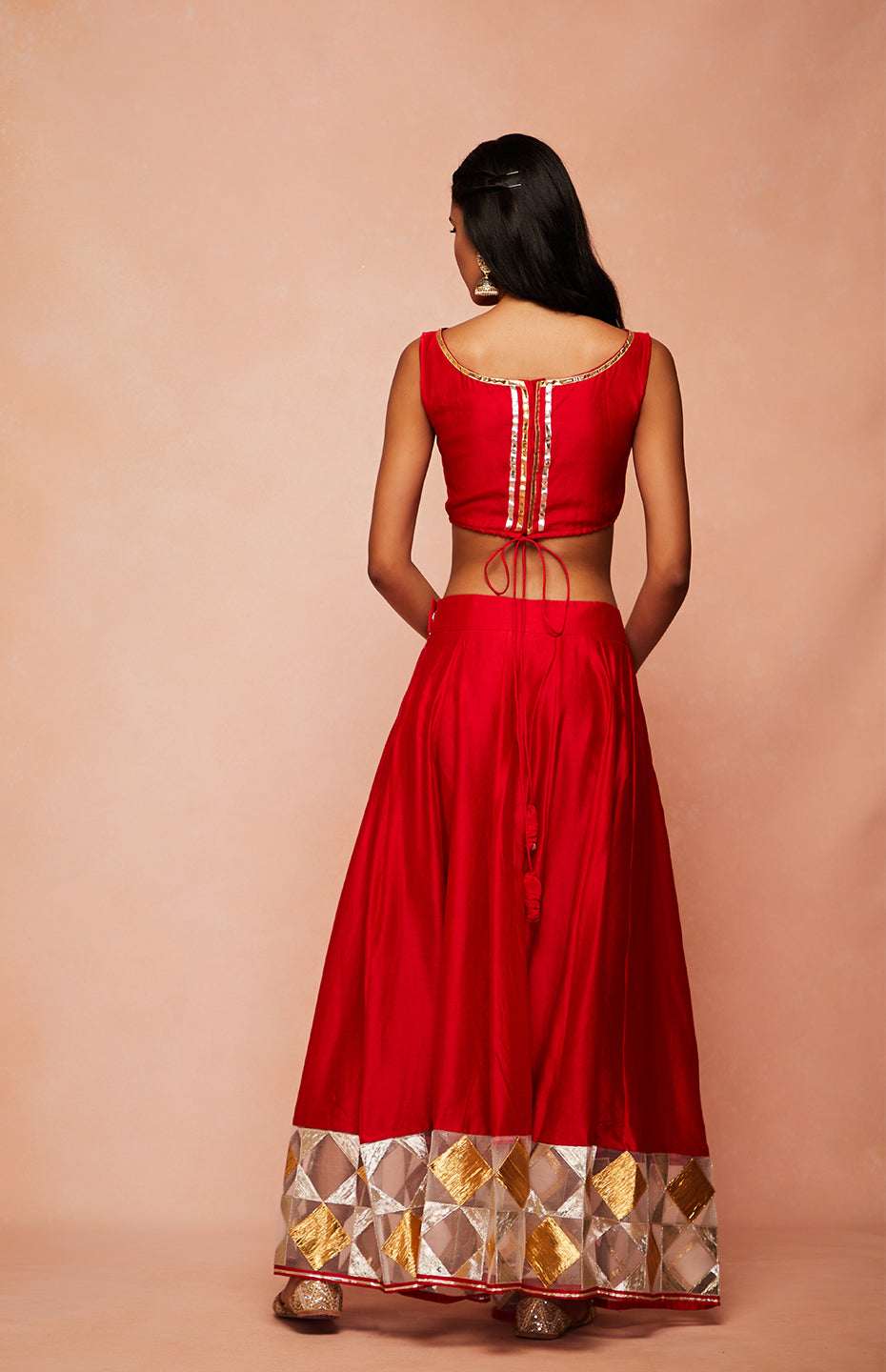 Red Chanderi Silk Gota Crop Top