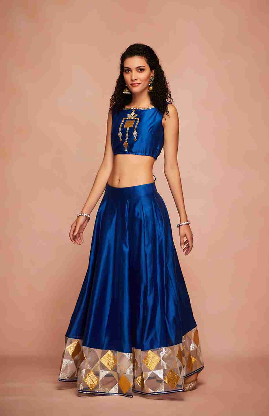 Royal Blue Chanderi Silk Gota Crop Top