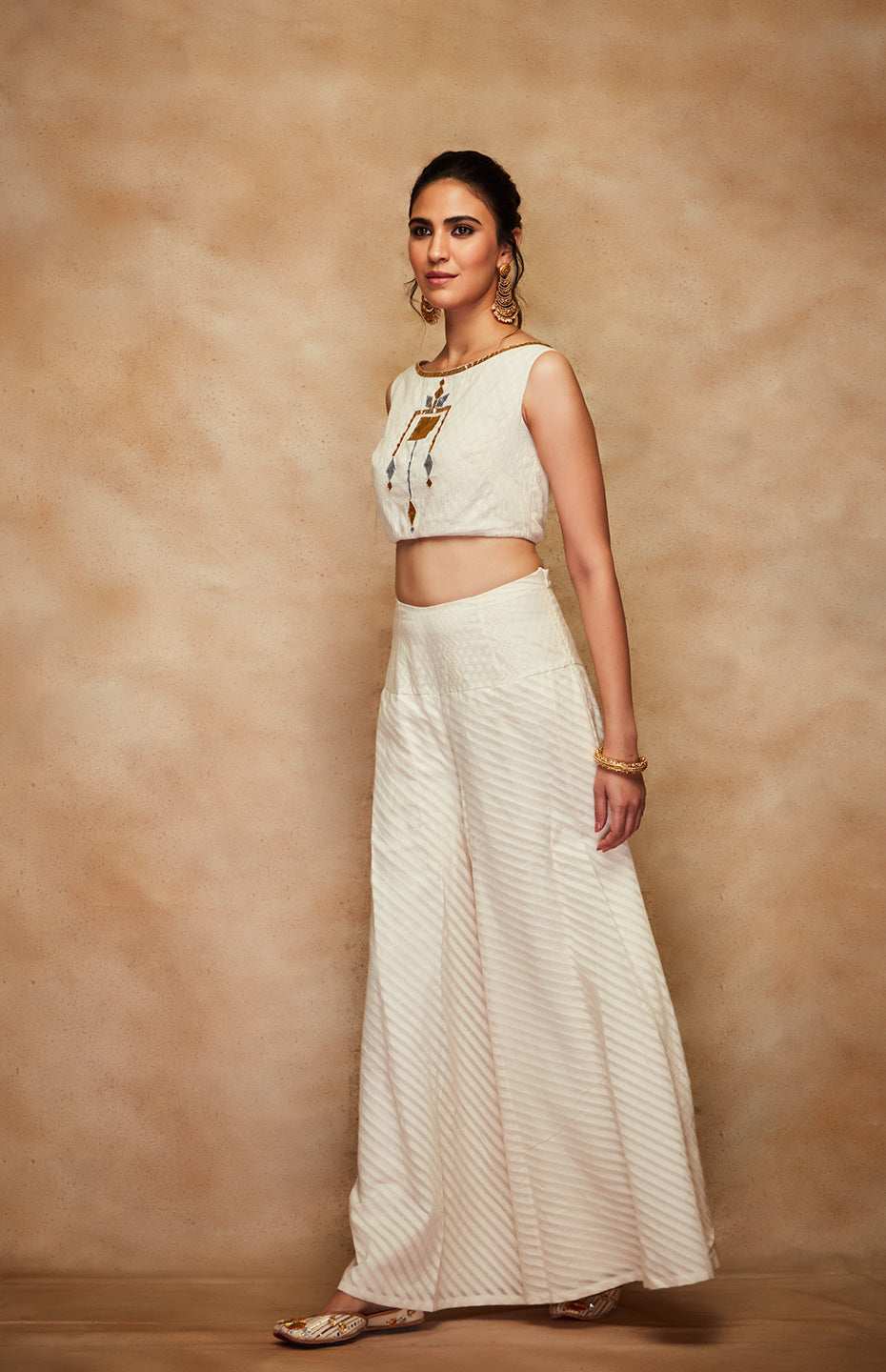 Off White Jamdani Gota Crop Top