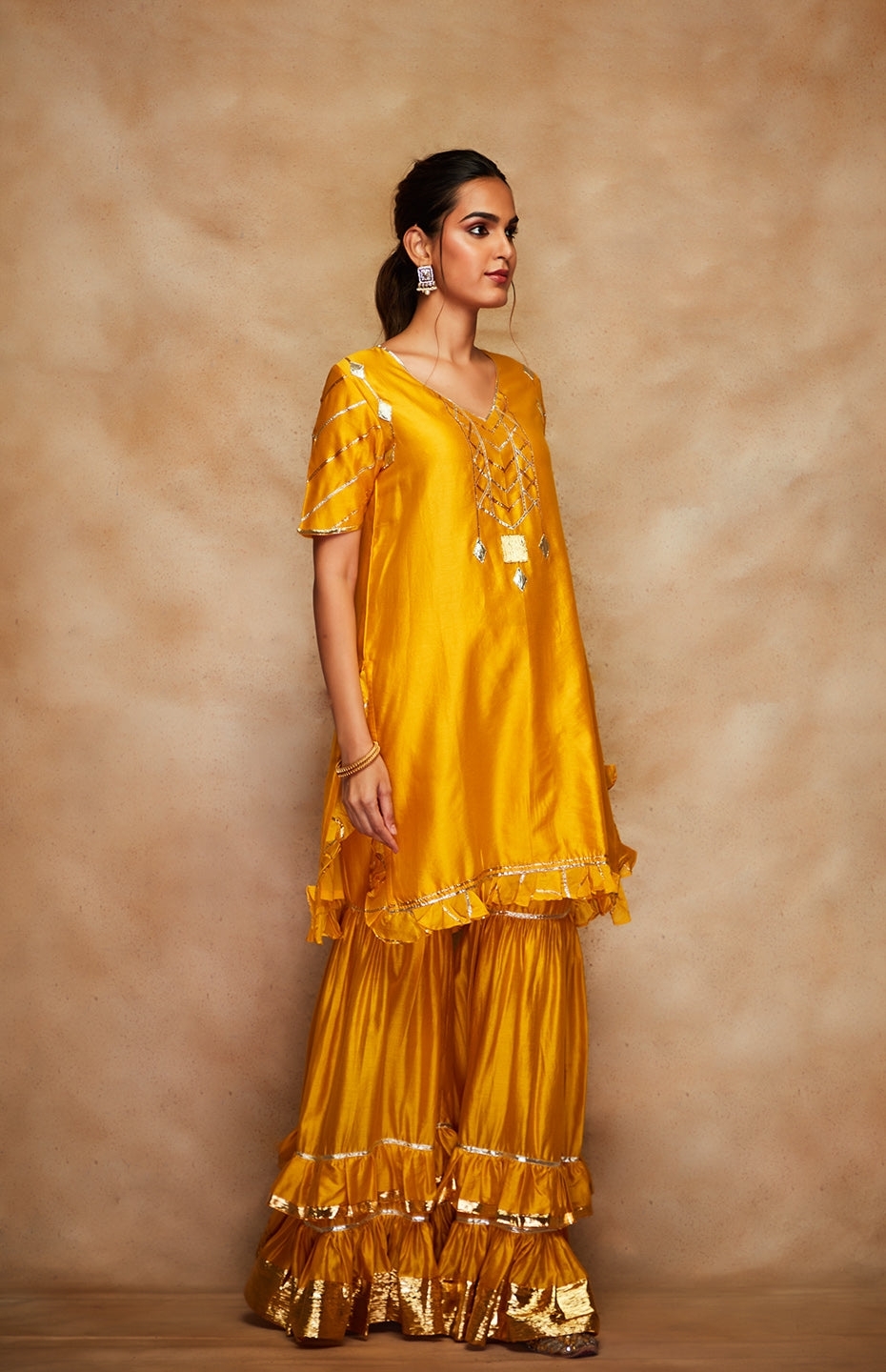 Mustard Chanderi Silk Gota Gharara