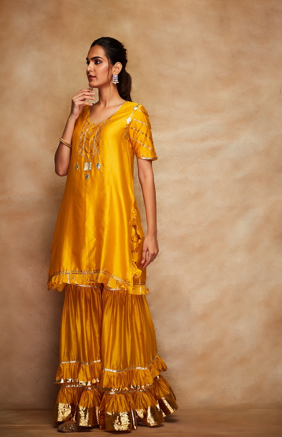 Mustard Chanderi Silk Gota Gharara