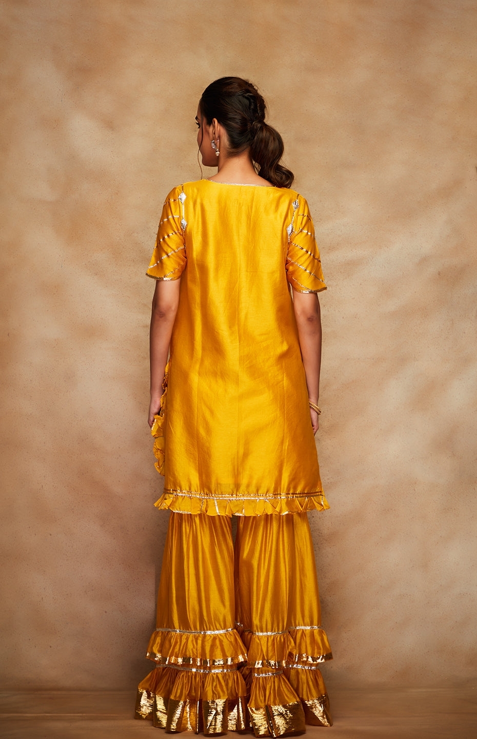 Mustard Chanderi Silk Gota Gharara