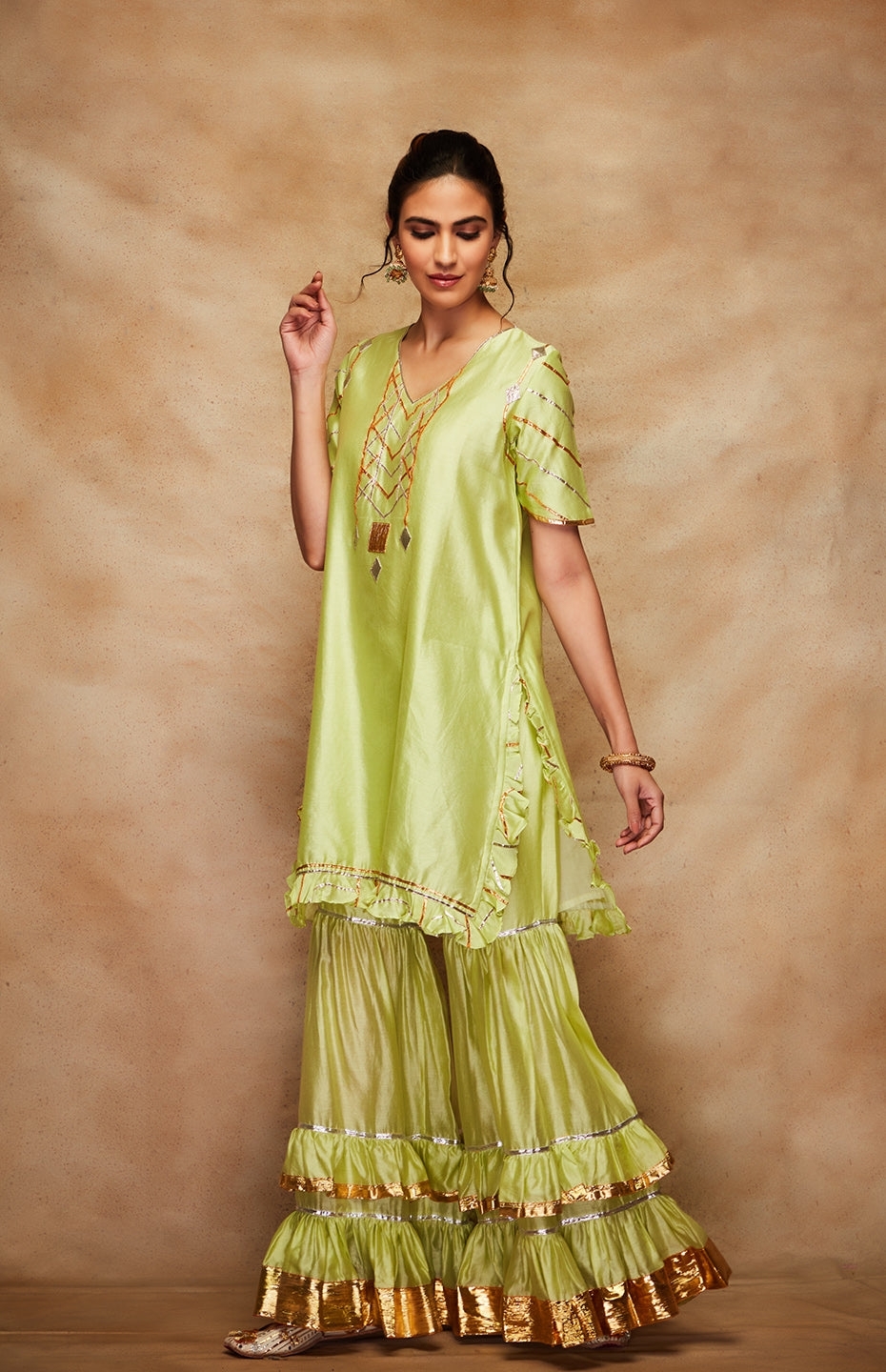 Pista Green Chanderi Silk Gota Gharara