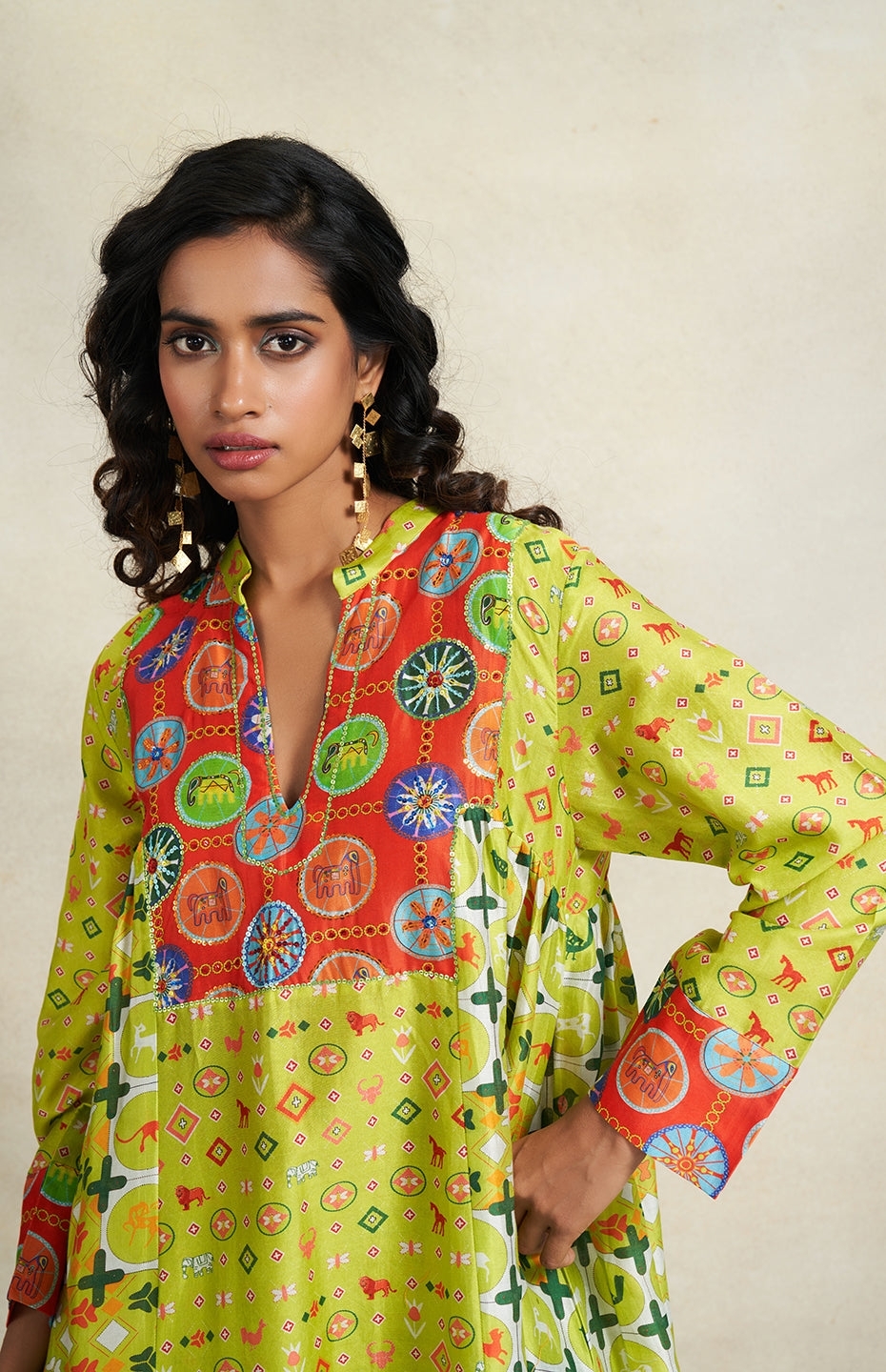 Green Sequins Gathered Kurta