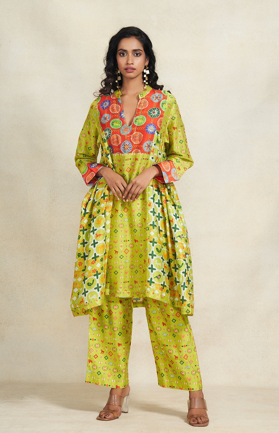 Green Sequins Gathered Kurta