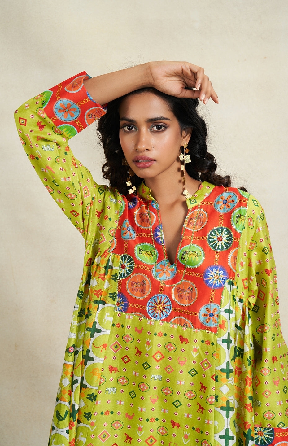 Green Sequins Gathered Kurta