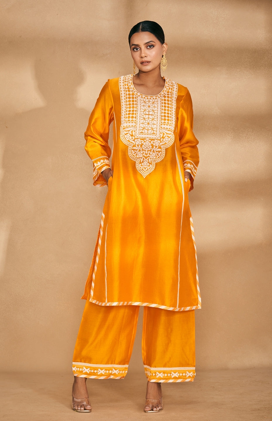 Orange Applique Straight Pants