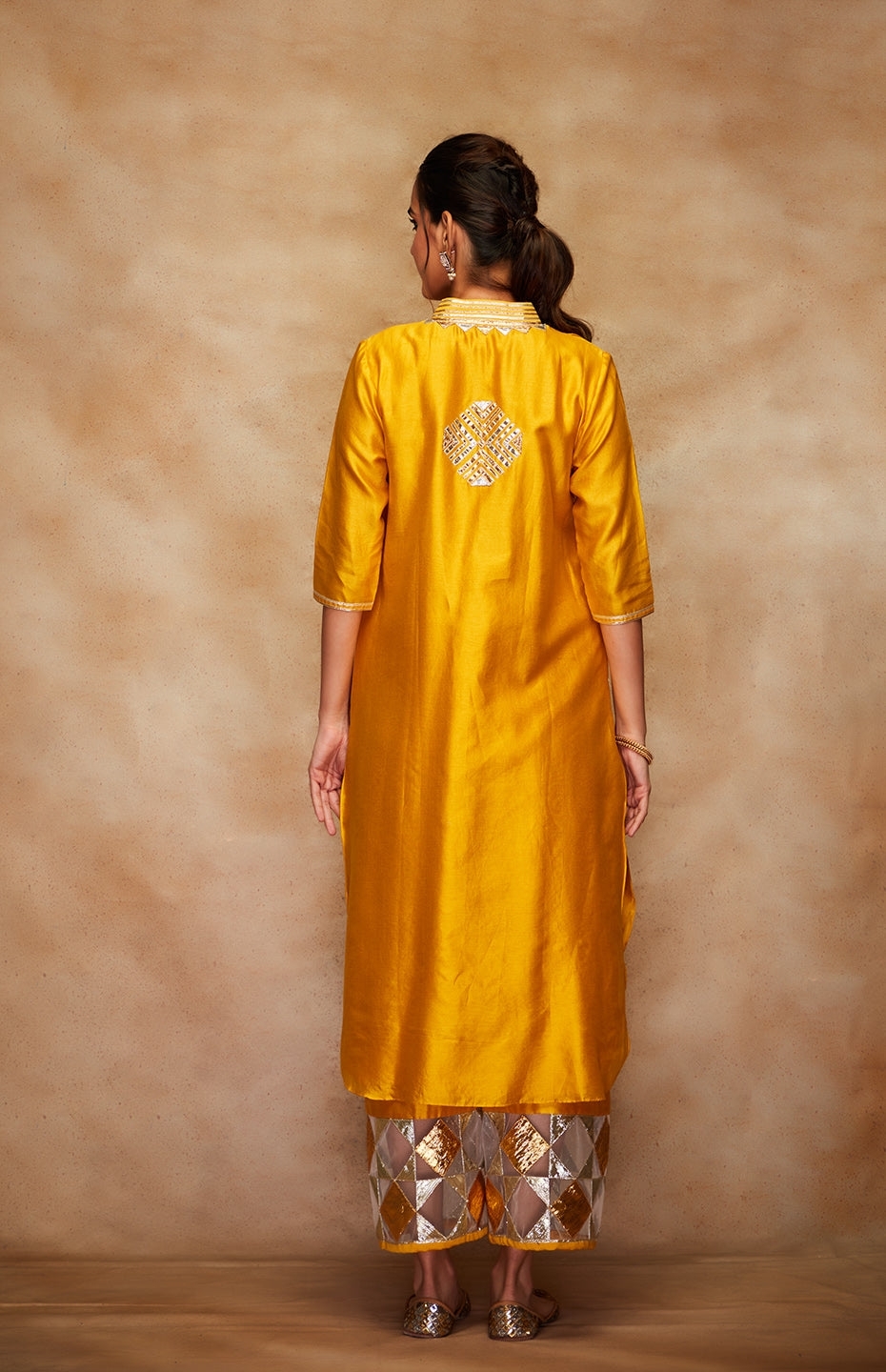 Mustard Chanderi Silk Gota Memoni