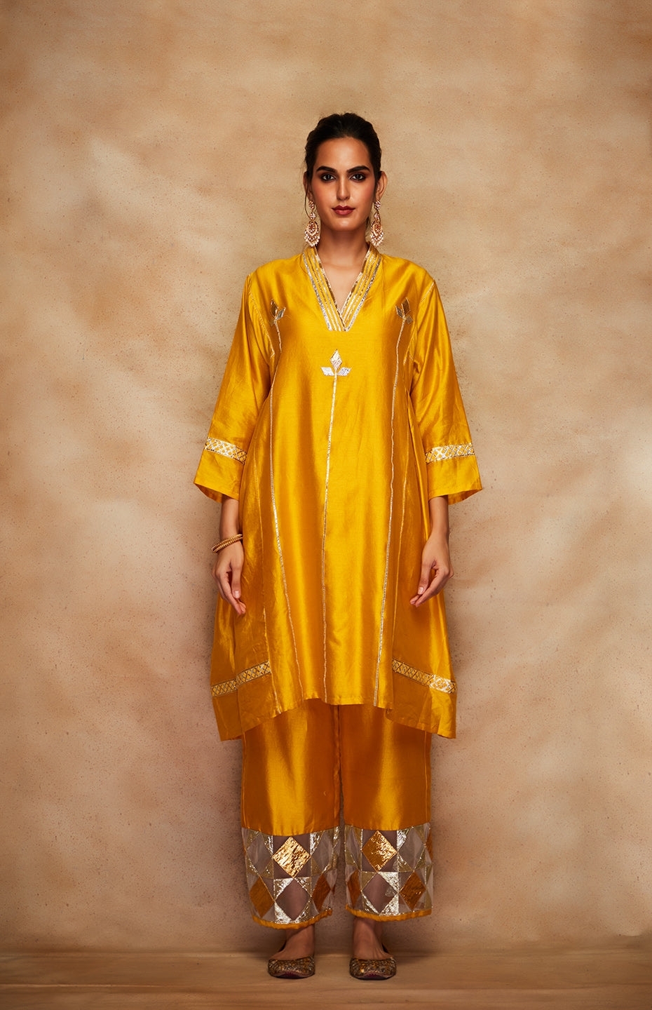 Mustard Chanderi Silk Gota Memoni